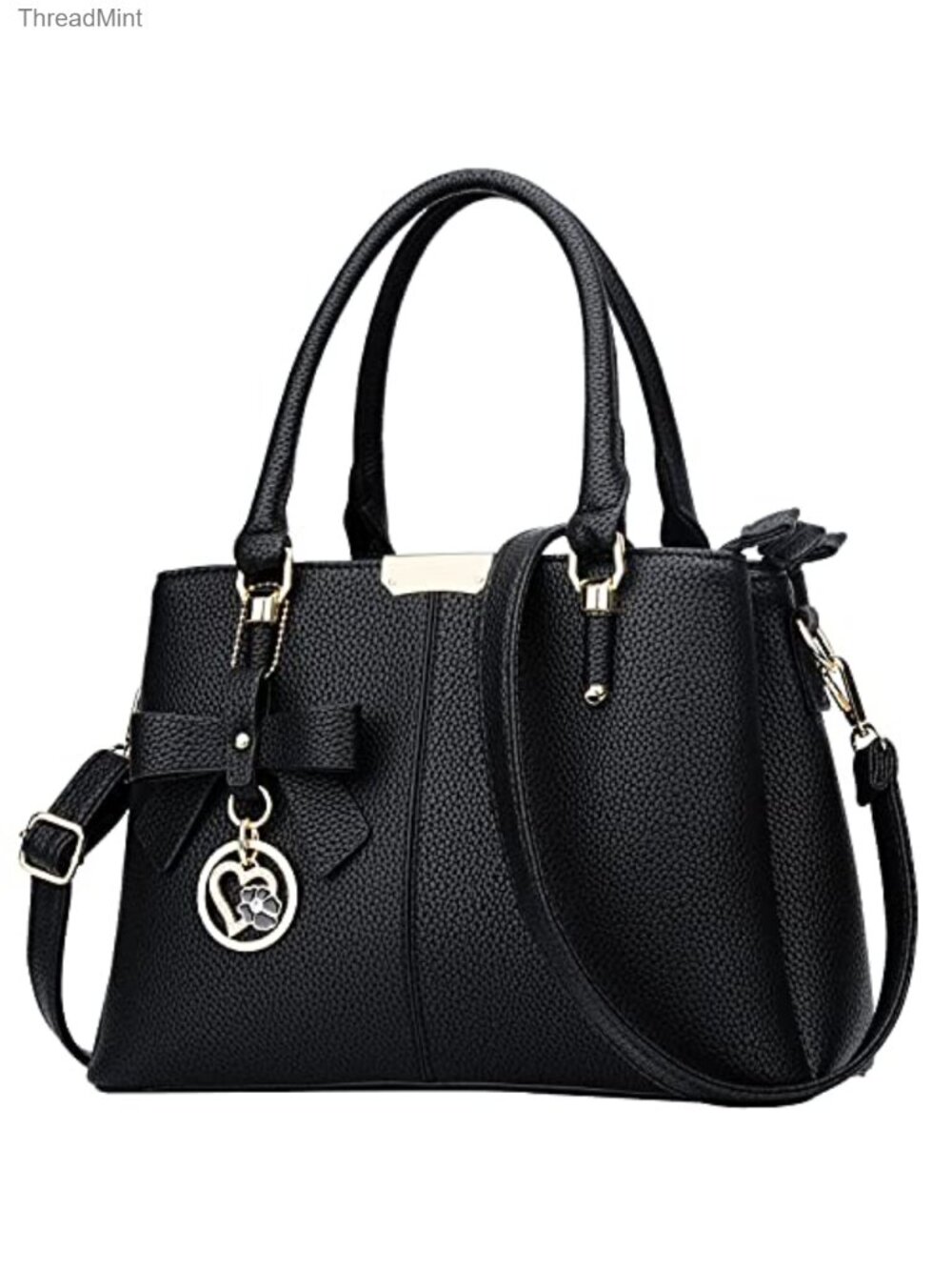 PU Leather Satchel Handbag 3 Zipper Compartments Gold Hardware Shoulder Bag